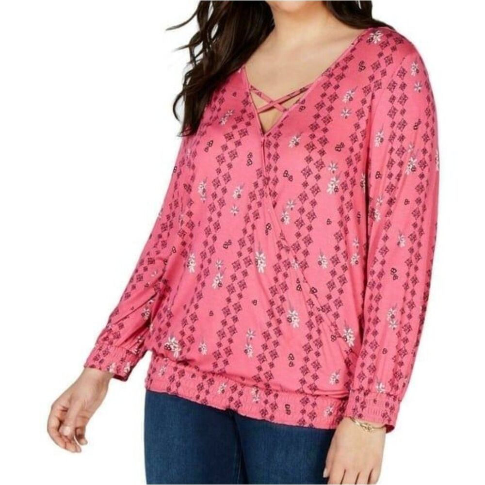 Style & Co Pink Floral Crisscross Blouse Plus Size 3X NWT